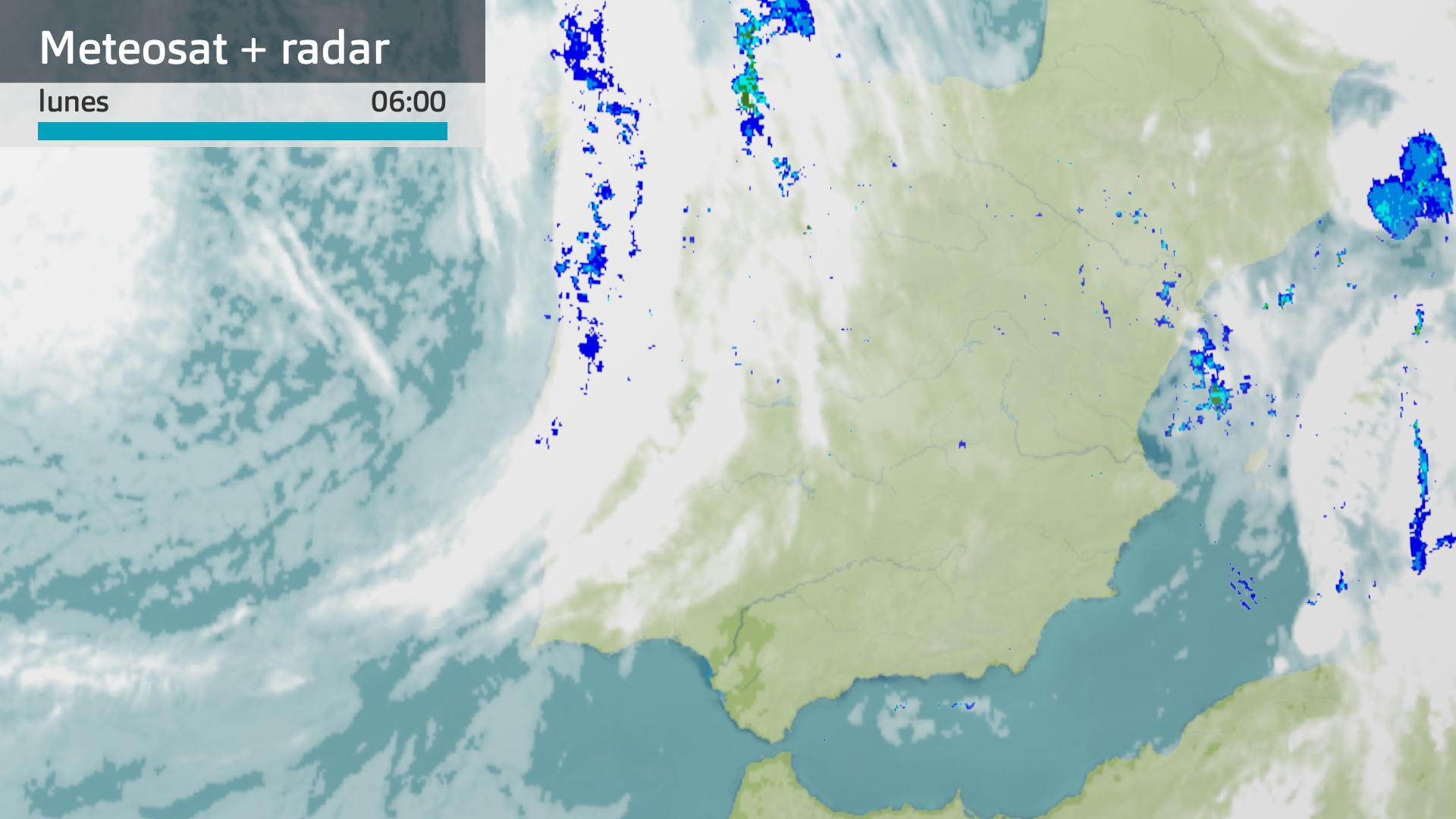 Imagen del Meteosat + radar meteorológico lunes 9 de marzo 6 h.