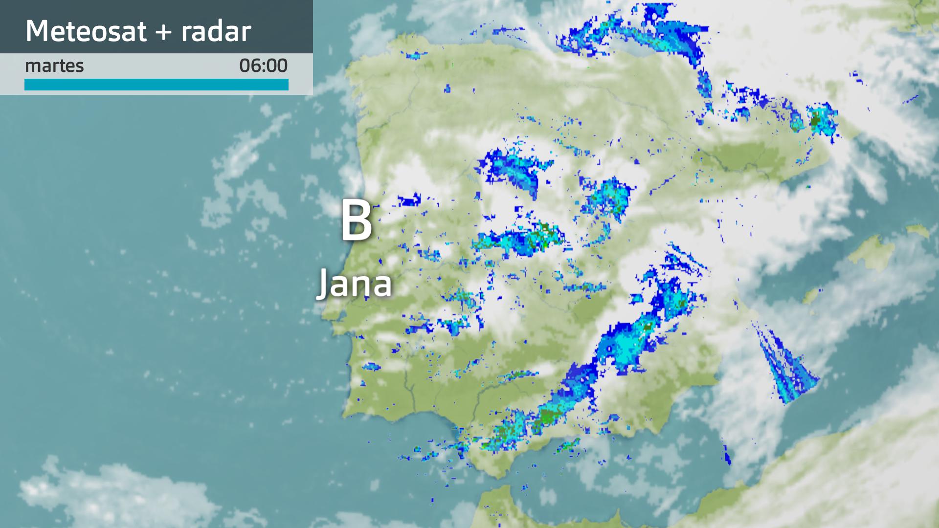 Imagen del Meteosat + radar meteorológico martes 11 de marzo 6 h.