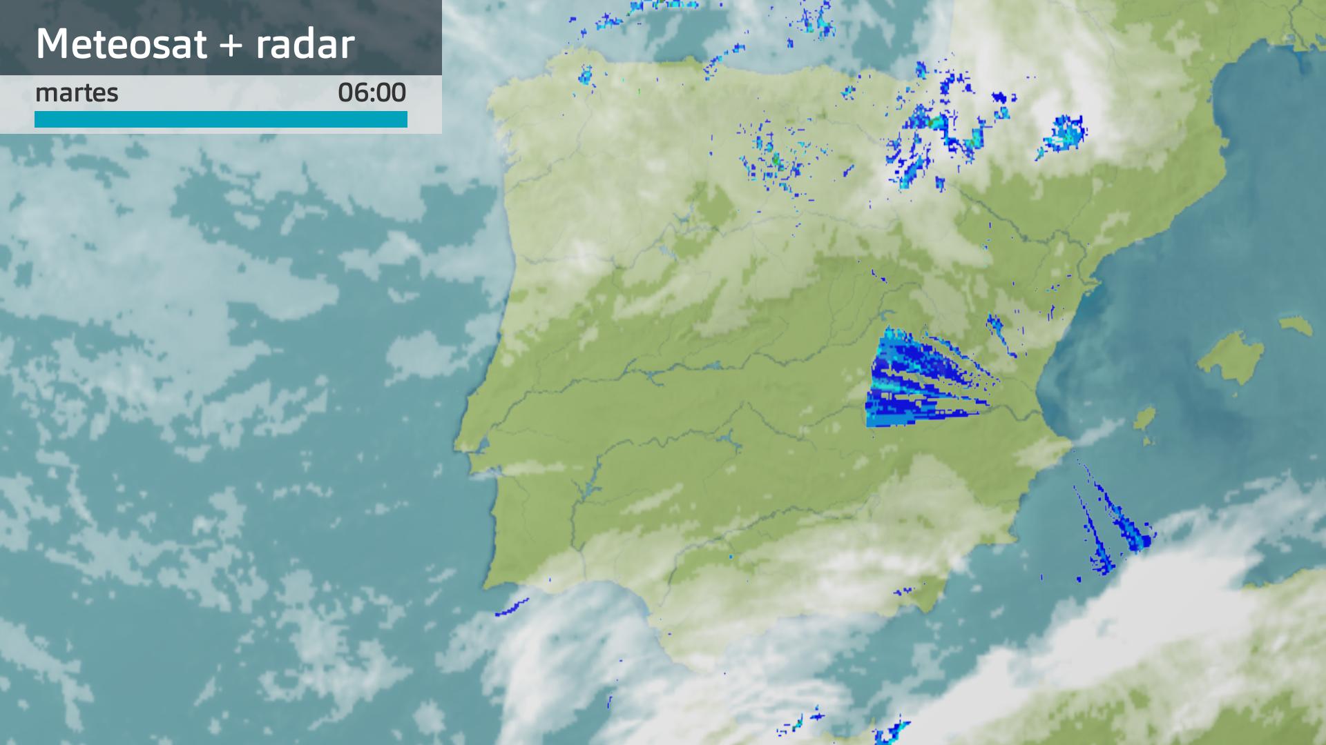 Imagen del Meteosat + radar meteorológico martes 13 de mayo 6 h.