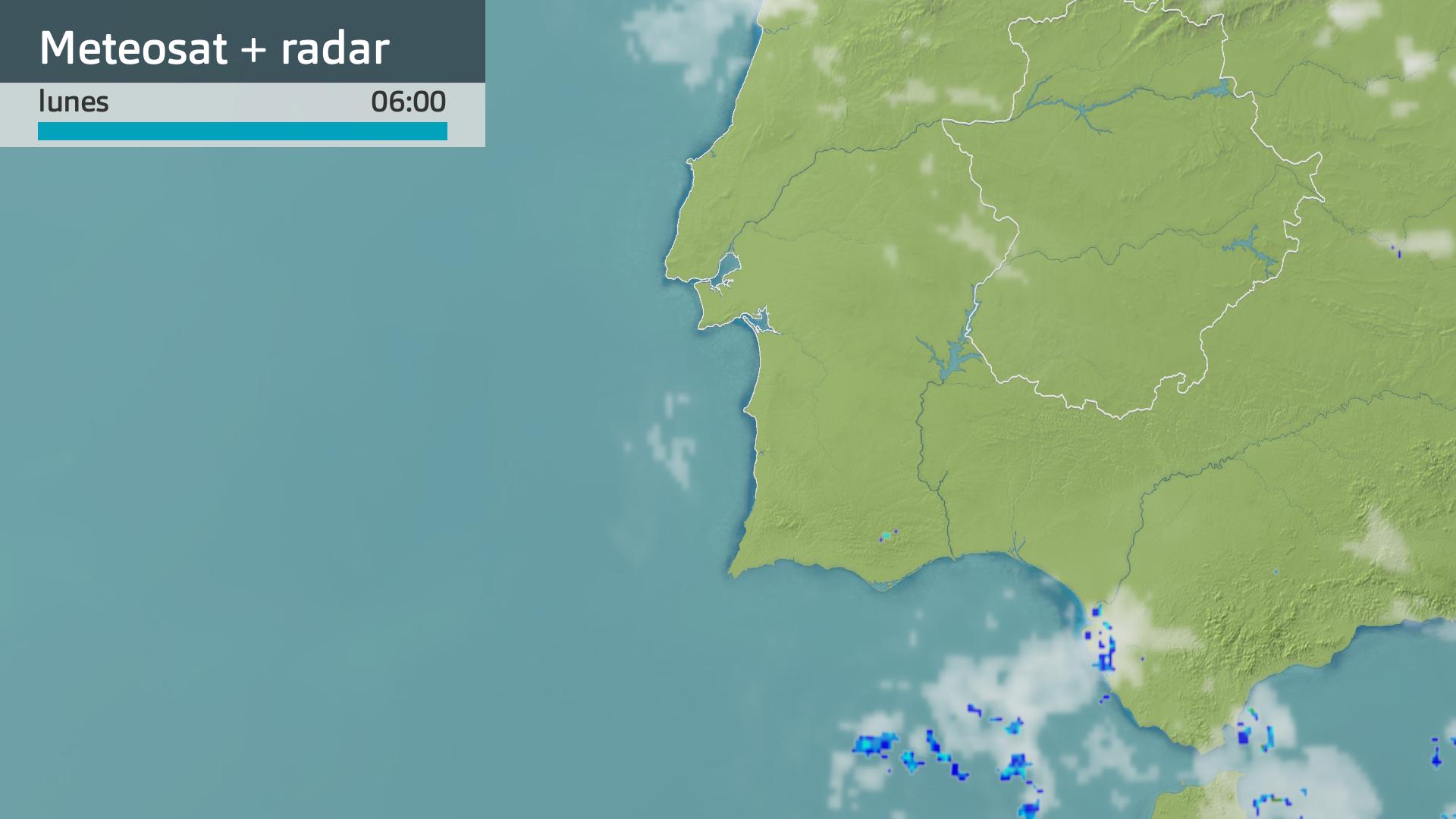 Imagen del Meteosat + radar meteorológico lunes 9 de junio 6 h.