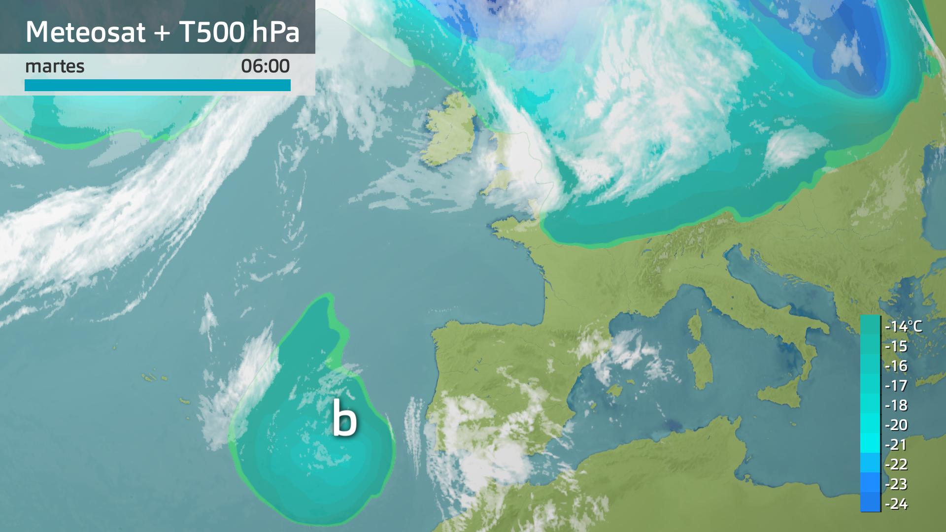 Imagen del Meteosat + temperatura a 500 hPa (5500 m) martes 10 de junio 6 h.