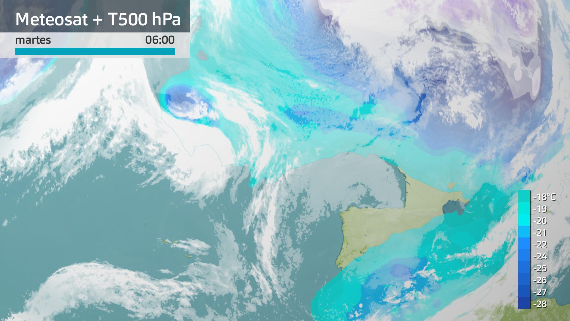 Imagen del Meteosat + temperatura a 500 hPa (unos 5500 m) martes 18 de noviembre 6 h.