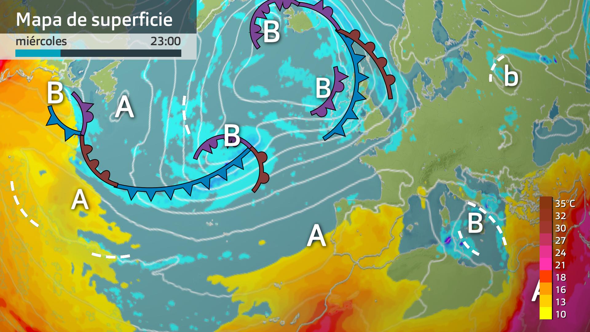 Mapa de superficie y de temperatura a 850 hPa (1500 metros de altura)