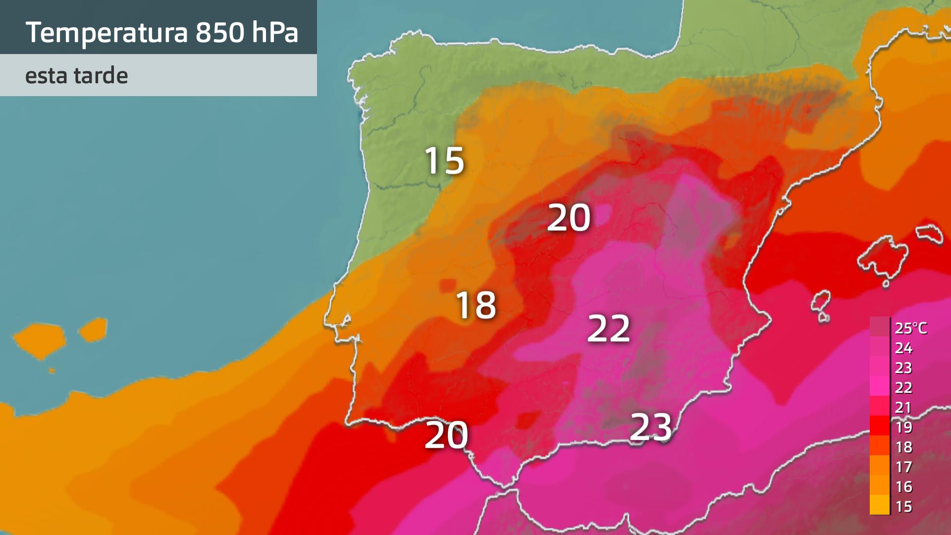 Temperatura prevista a 850 hPa (1500 m aprox.) para hoy viernes 6 de junio