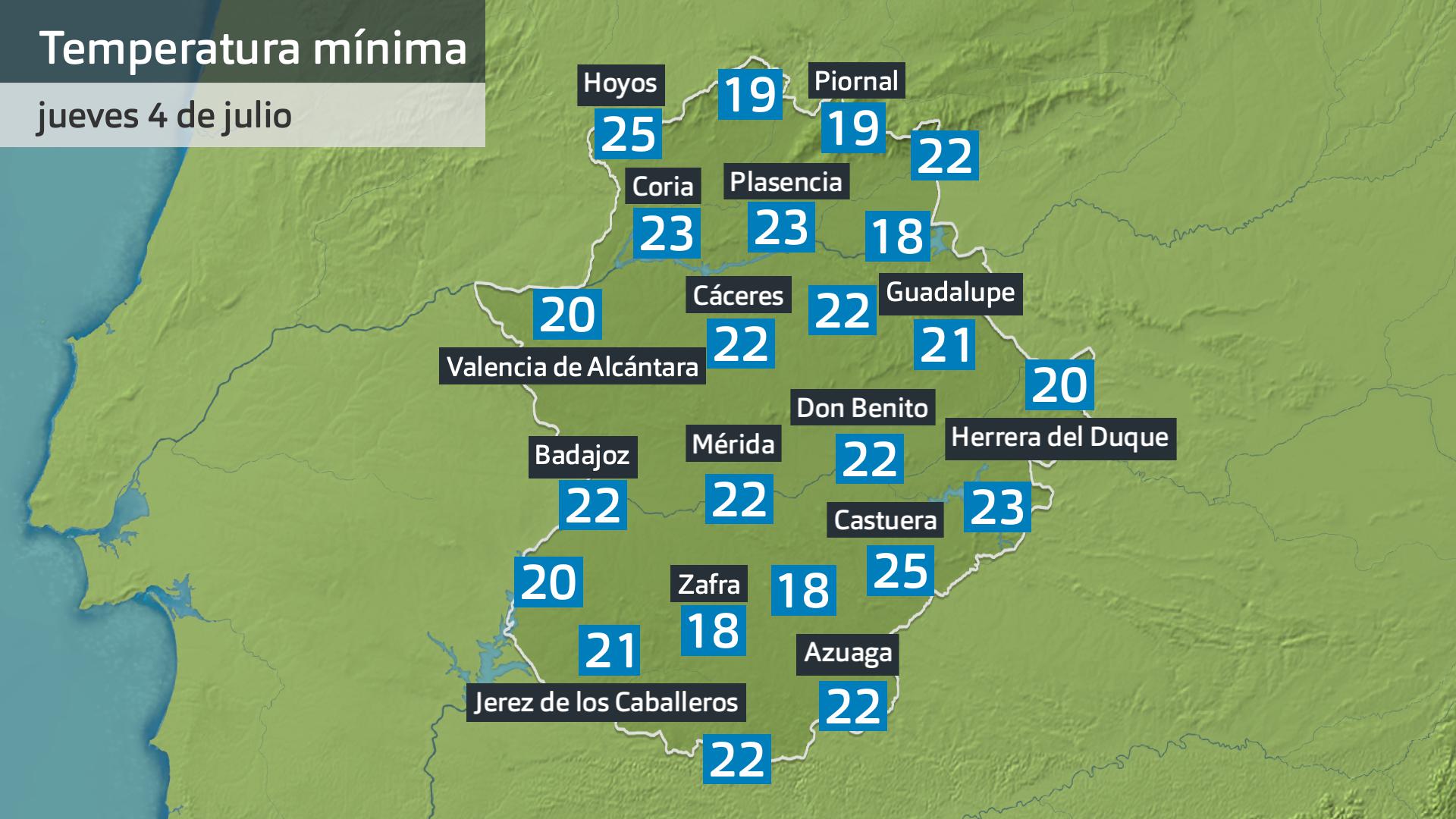 Temperatura mínima jueves 4 de julio. Datos hasta las 6:45 h. Aemet. Meteoclimatic et al.