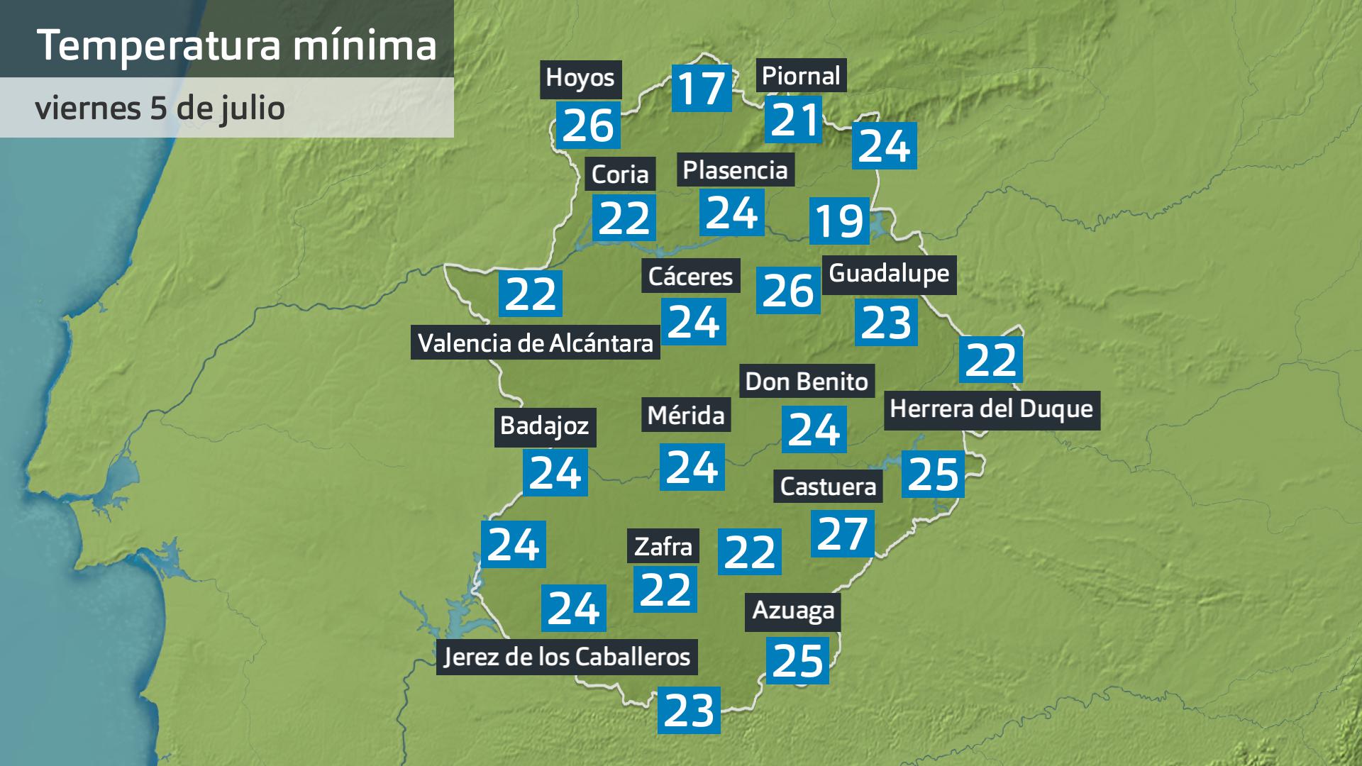 Temperatura mínima viernes 5 de julio. Datos hasta las 6:45 h. Aemet, Meteoclimatic et al.