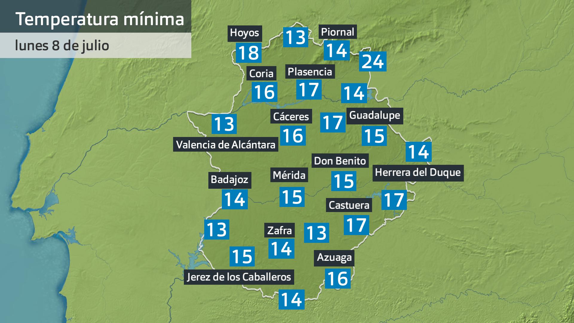 Temperatura mínima lunes 8 de julio. Datos hasta las 6:45 h. Aemet, Meteoclimatic et al.