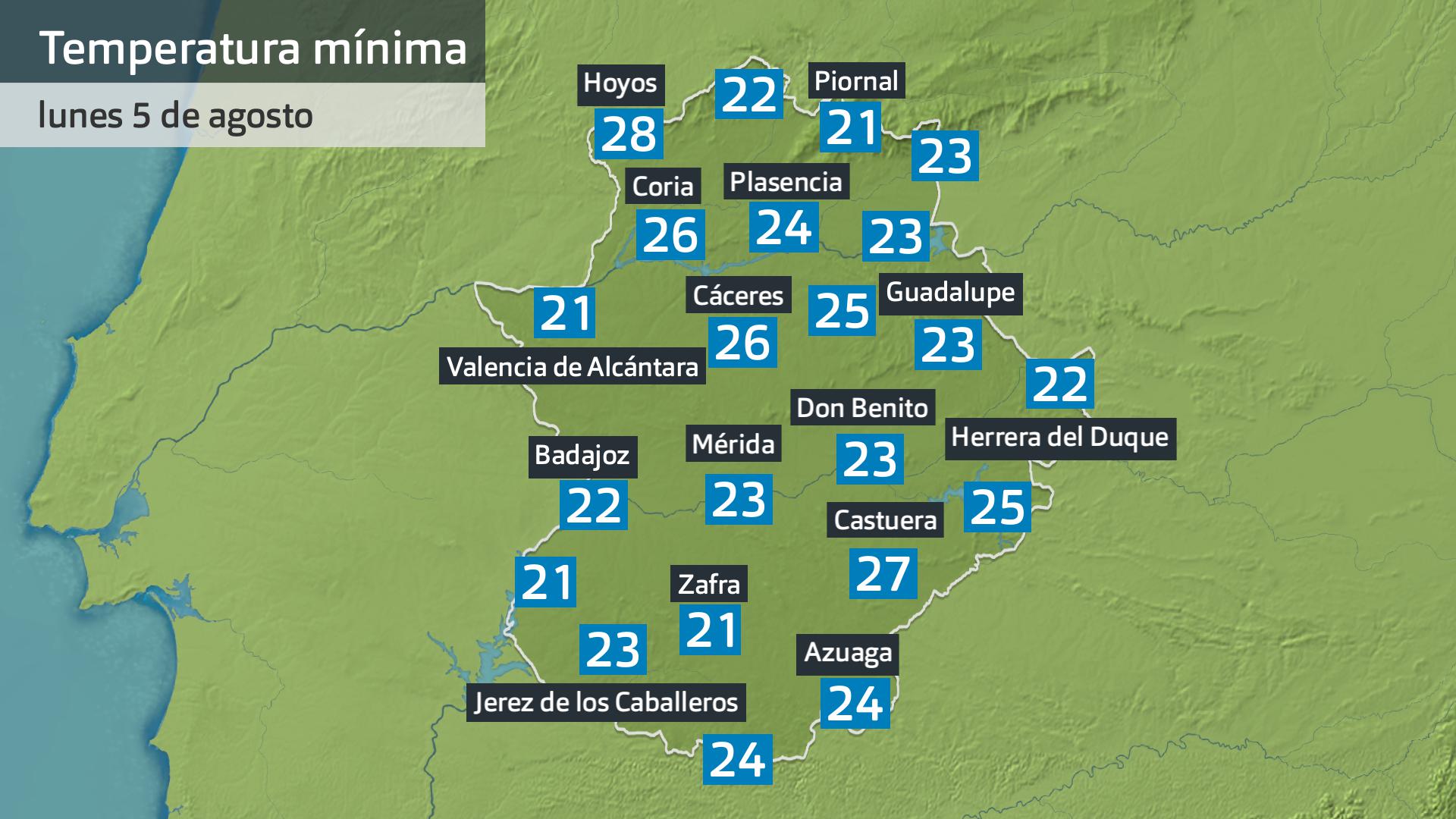 Temnperatura mínima lunes 5 de agosto. Datos hasta las 6:45 h. Aemet, Meteoclimatic et al.