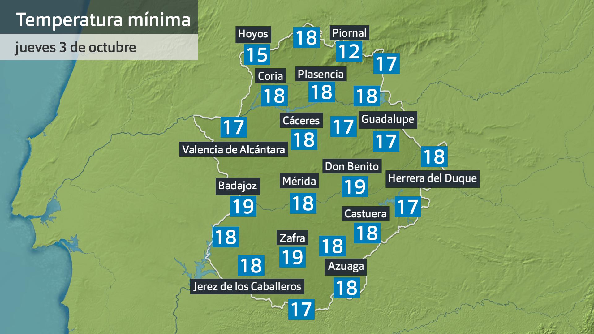 Temperatura mínima jueves 3 de octubre. Datos hasta las 6:45 h. Aemet, Meteoclimatic et al.