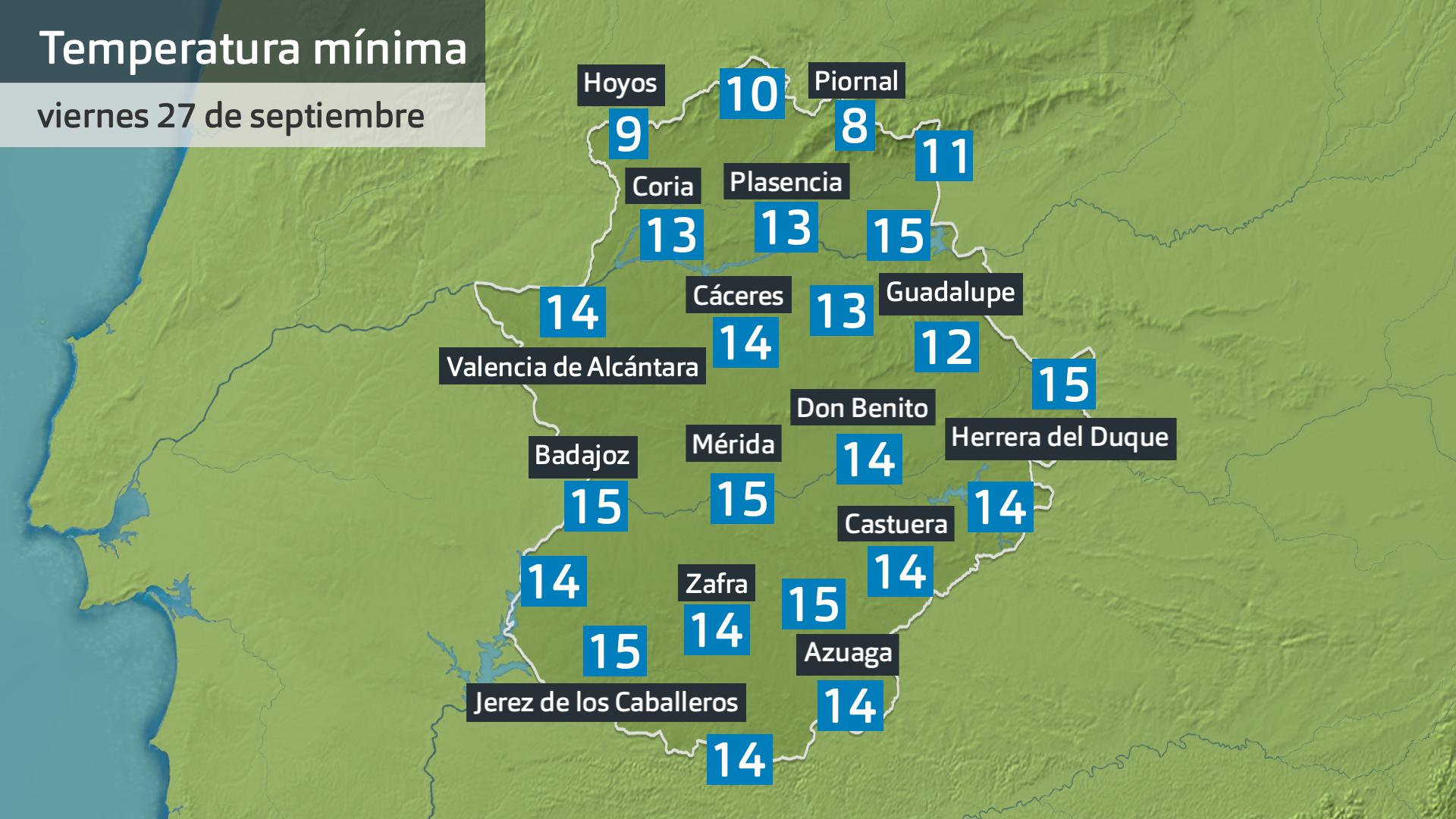 Temperatura mínima viernes 27 de septiembre. Datos hasta las 6:45 h. Aemet, Meteoclimatic et al.