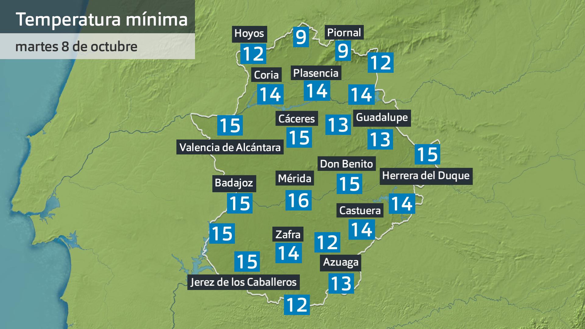 Temperatura mínima martes 8 de octubre. Datos hasta las 6:45 h. Aemet, Meteoclimatic et al.