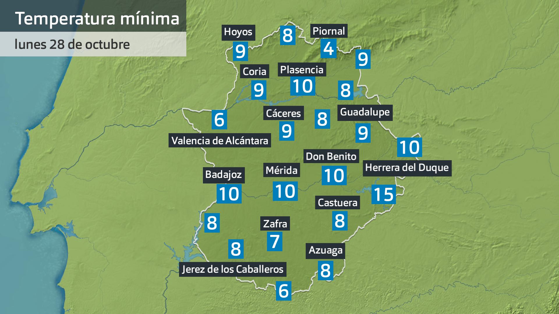 Temperatura mínima lunes 28 de octubre. Datos hasta las 6:45 h. Aemet, Meteoclimatic et al.