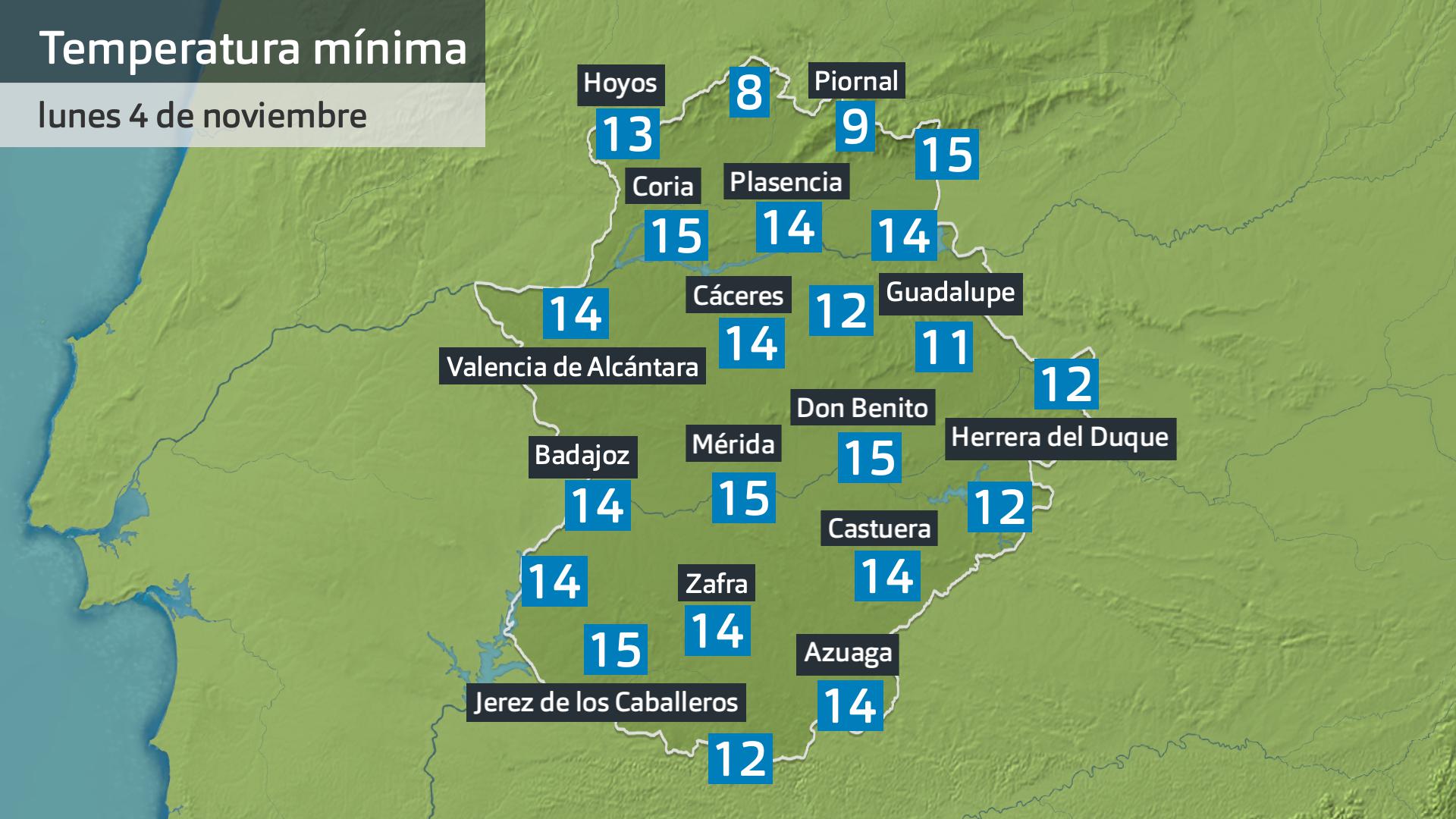 Temperatura mínima lunes 4 de noviembre 6 h. Datos hasta las 6:45 h. Aemet, Meteoclimatic et al.