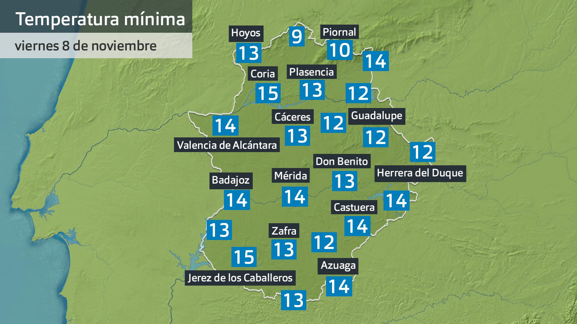 Temperatura mínima viernes 8 de noviembre 6 h. Datos hasta las 6:45 h. Aemet, Meteoclimatic et al.