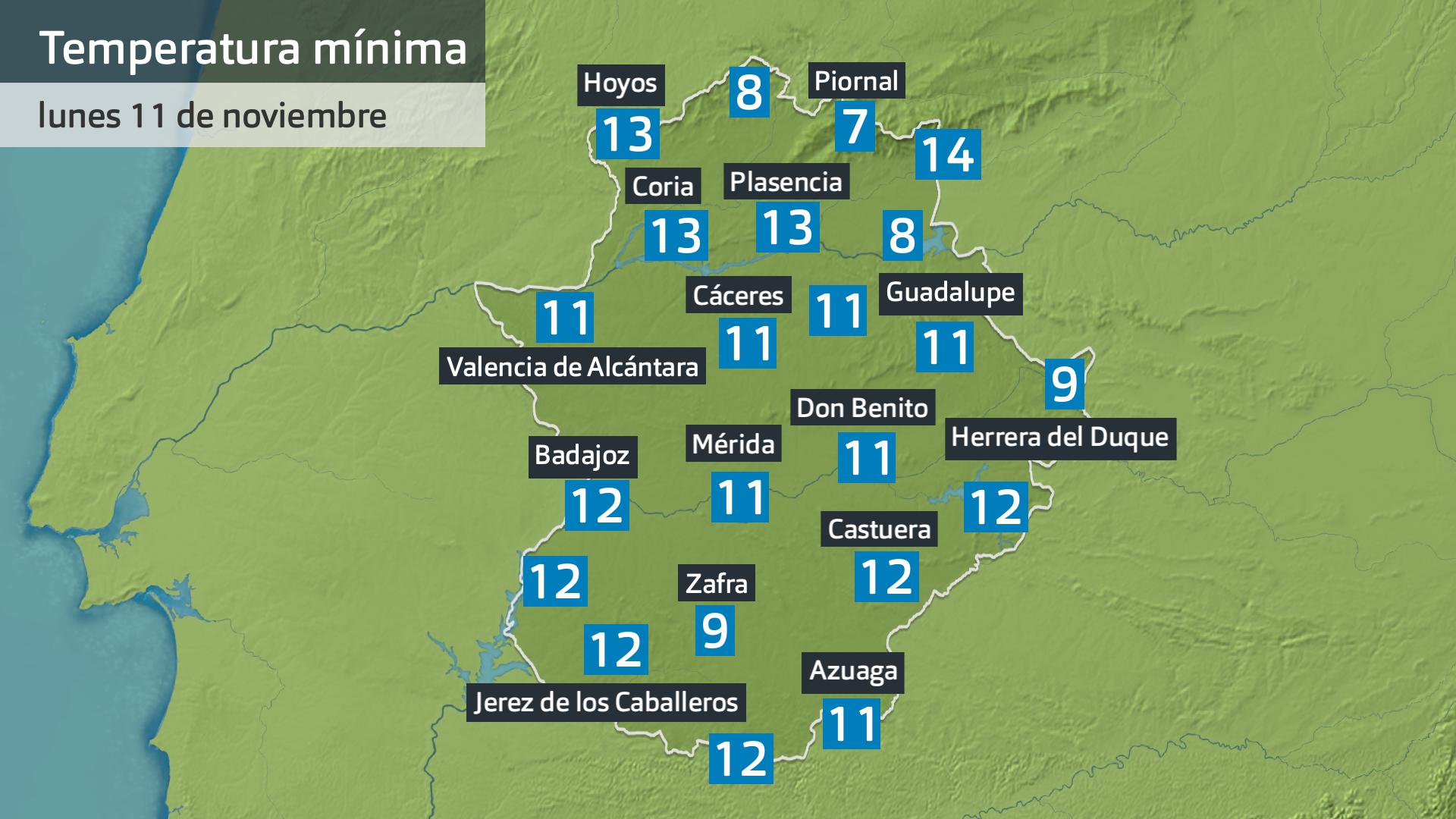 Temperatura mínima lunes 11 de noviembre. Datos hasta las 6:45 h. Aemet, Meteoclimatic et al.