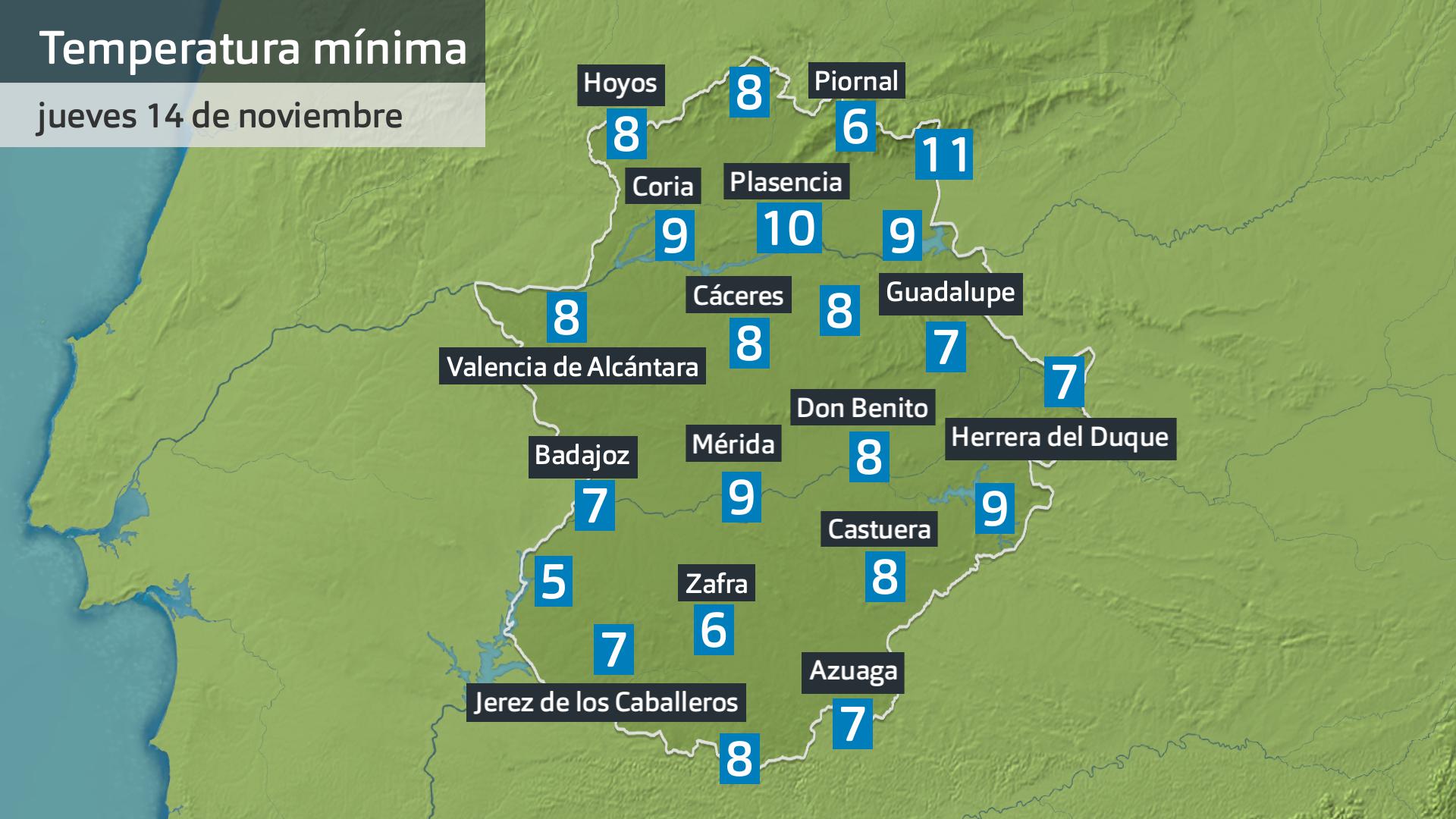 Temperatura mínima jueves 12 de noviembre. Datos hasta las 6:45 h. Aemet, Meteoclimatic et al.