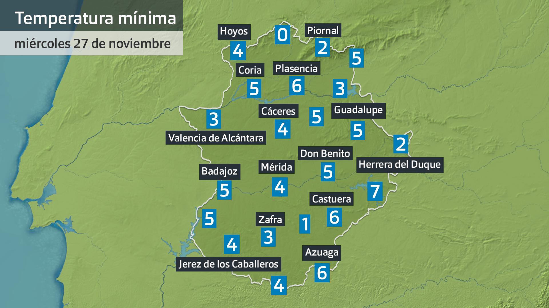 Temperatura mínima miércoles 27 de noviembre. Datos hasta las 6:30 h. Aemet, Meteoclimatic et al.