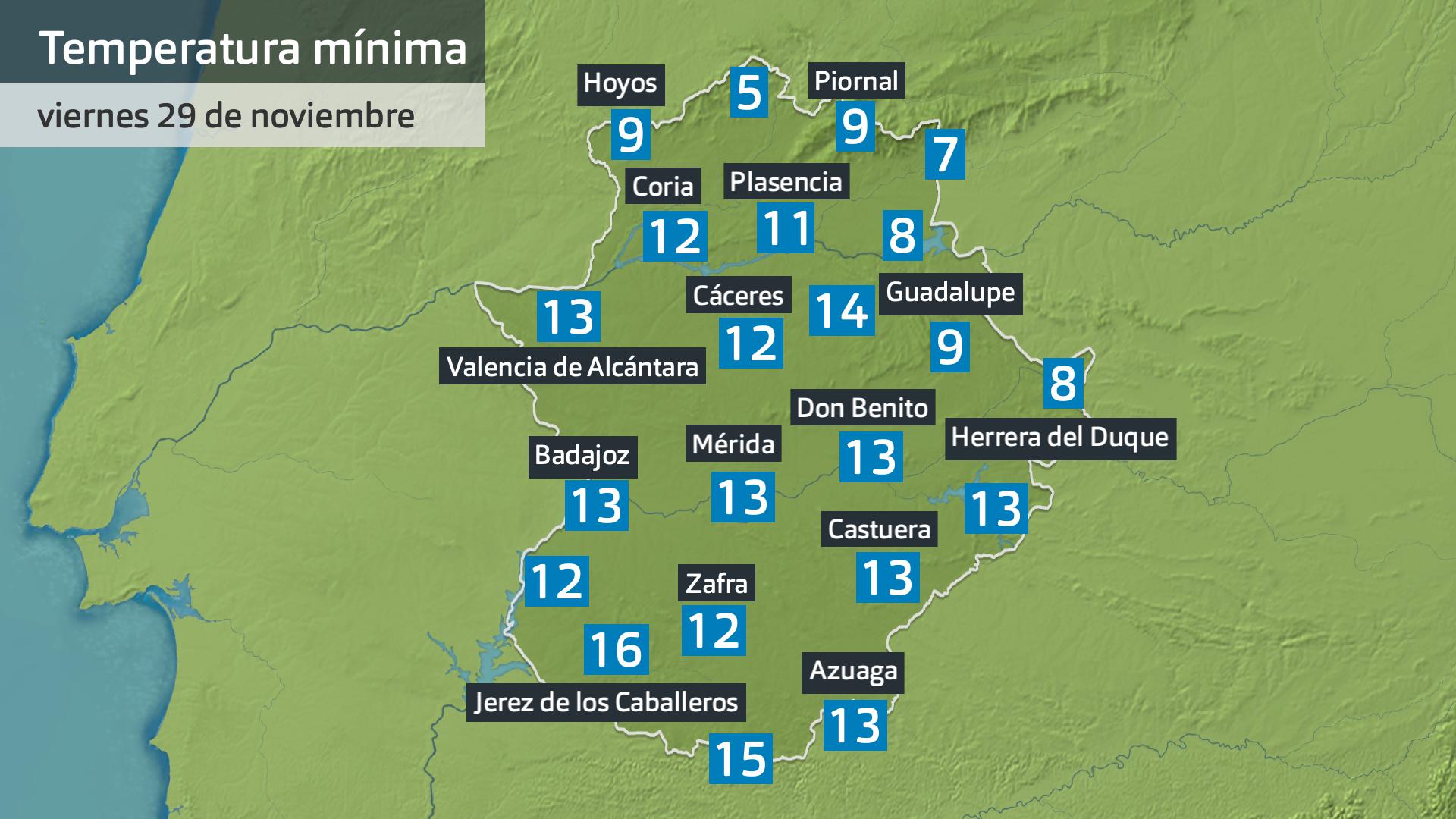 Temperatura mínima viernes 29 de noviembre. Datos hasta las 6:30 h. Aemet, Meteoclimatic et al.