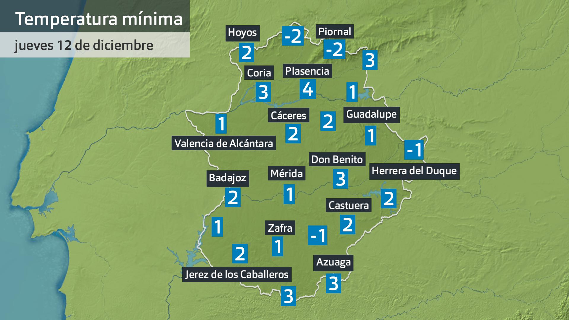 Temperatura mínima jueves 12 de diciembre. Datos hasta las 6:45 h. Aemet, Meteoclimatic et al.