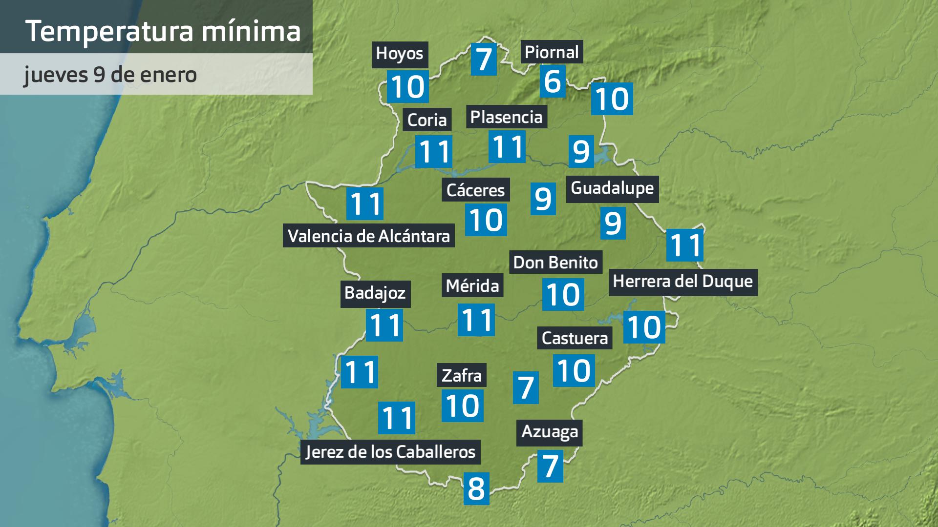 Temperatura mínima hoy jueves 9 de enero. Datos hasta las 6:30 h. Aemet, Meteclimatic et al.