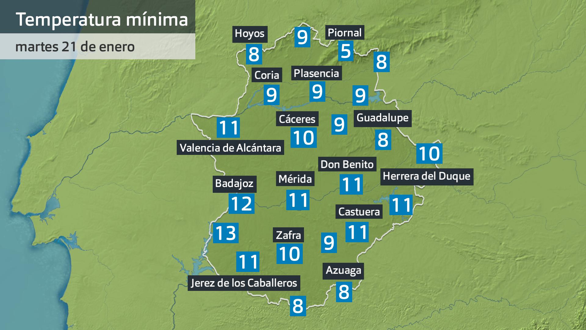 Temperatura mínima martes 21 de enero. Datos hasta las 6:30 h. Aemet, Meteoclimatic et al.