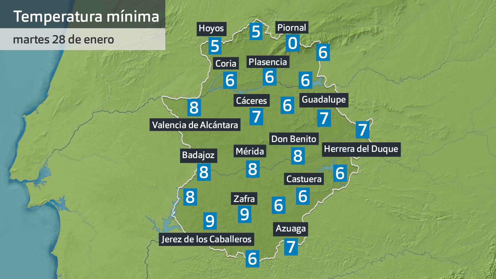 Temperatura mínima martes 28 de enero. Datos hasta las 6:30 h. Aemet, Meteoclimatic et al.