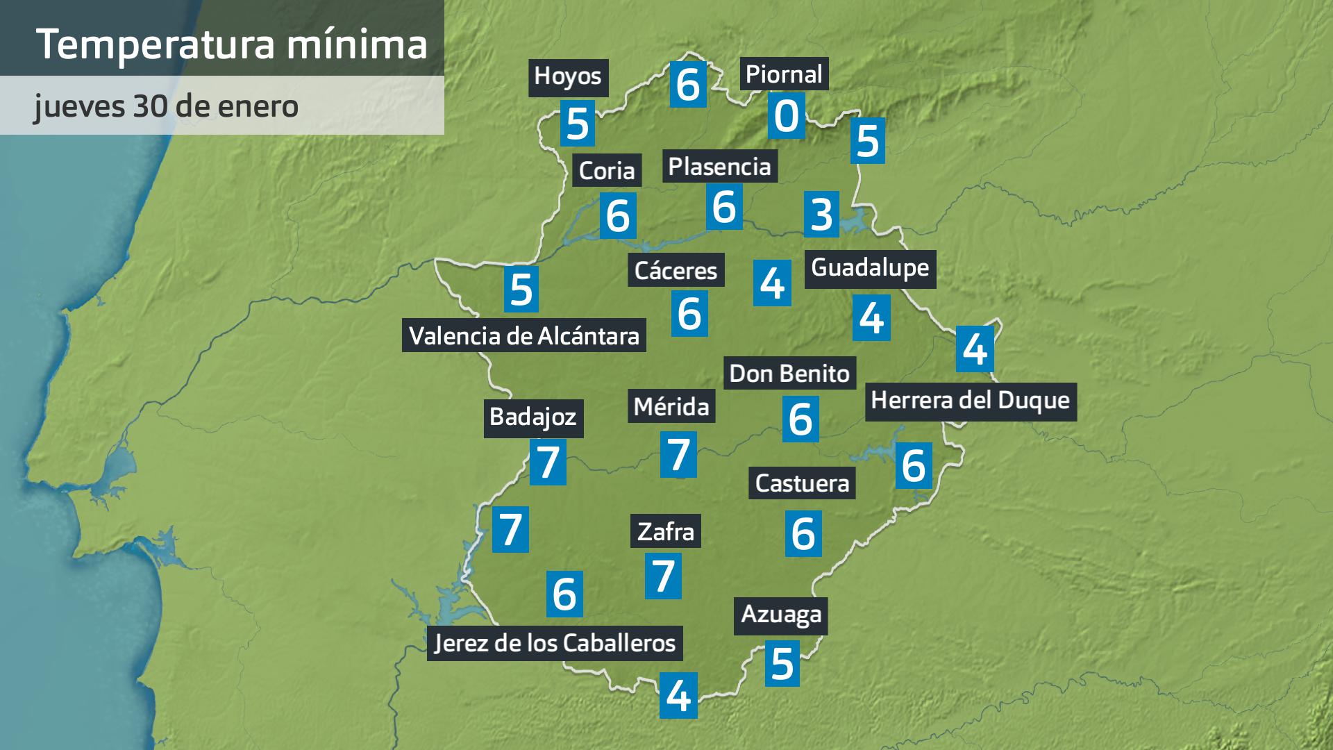 Temperatura mínima jueves 30 de enero. Datos hasta las 6:30 h. Aemet, Meteoclimatic et al.