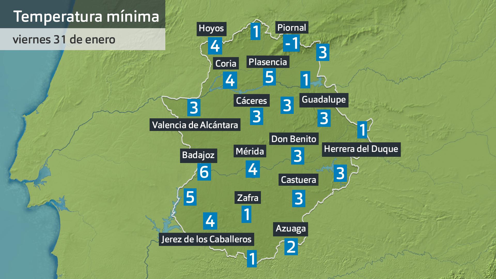 Temperatura mínima viernes 31 de enero. Datos hasta las 6:30 h. Aemet, Meteoclimatic et al.