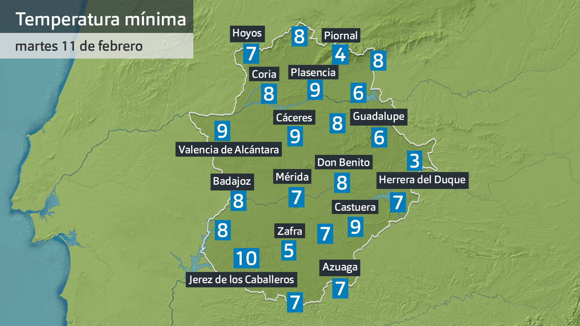 Temperatura mínima martes 11 de febrero. Datos hasta las 6:30 h. Aemet, Meteoclimatic et al.