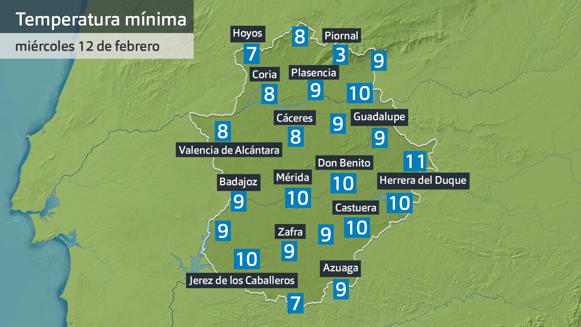 Temperatura mínima miércoles 12 de febrero. Datos hasta las 6:30 h. Aemet, Meteoclimatic et al.