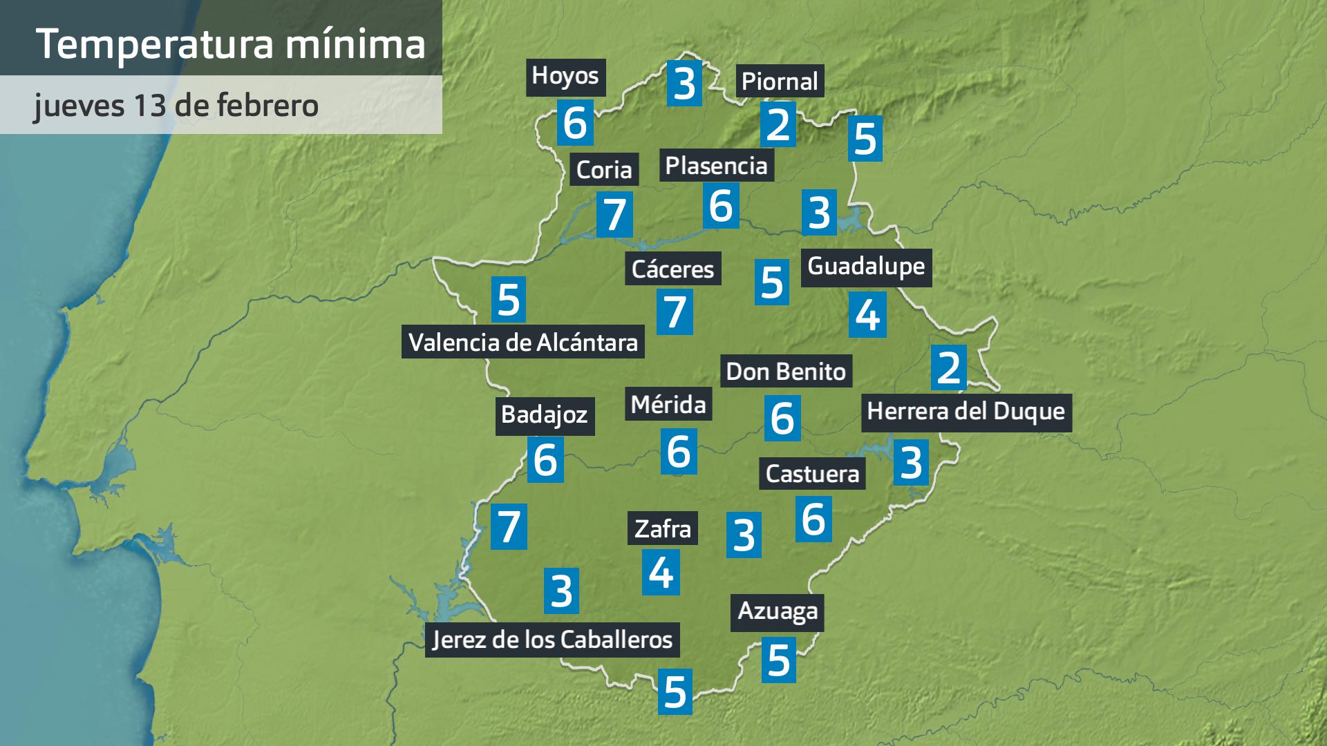 Temperatura mínima jueves 13 de febrero. Datos hasta las 6:30 h. Aemet, Meteoclimatic et al.