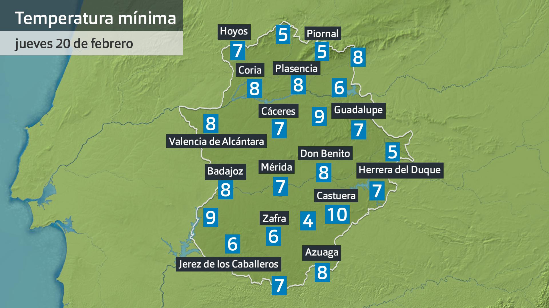 Temperatura mínima jueves 20 de febrero. Datos hasta las 6:30 h. Aemet, Meteoclimatic et al.