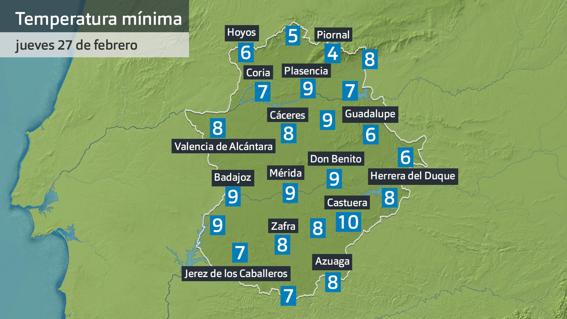 Temperaturamínima jueves 27 de febrero. Datos hasta las 6:30 h. Aemet, Meteoclimatic et al.