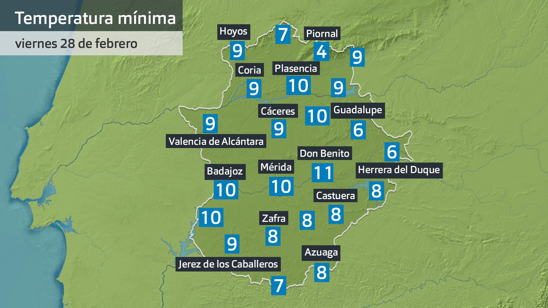 Temperatura mínima viernes 28 de febrero. Datos hasta las 6:30 h. Aemet, Meteoclimatic et al.