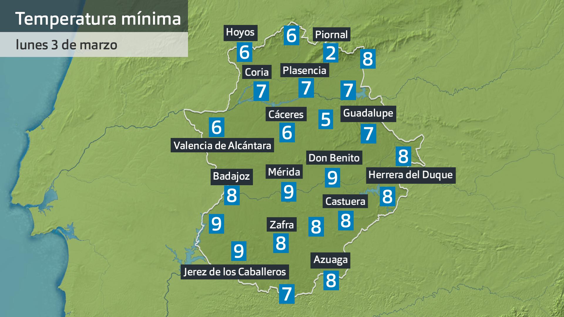 Temperatura mínima lunes 3 de marzo. Datos hasta las 6:30 h. Aemet, Meteoclimatic et al.