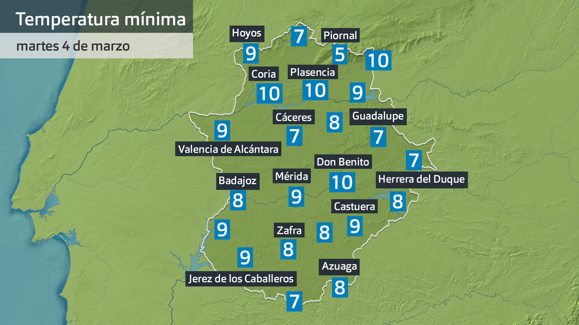 Temperatura mínima martes 4 de marzo. Datos hasta las 6:30 h. Aemet, Meteoclimatic et al.