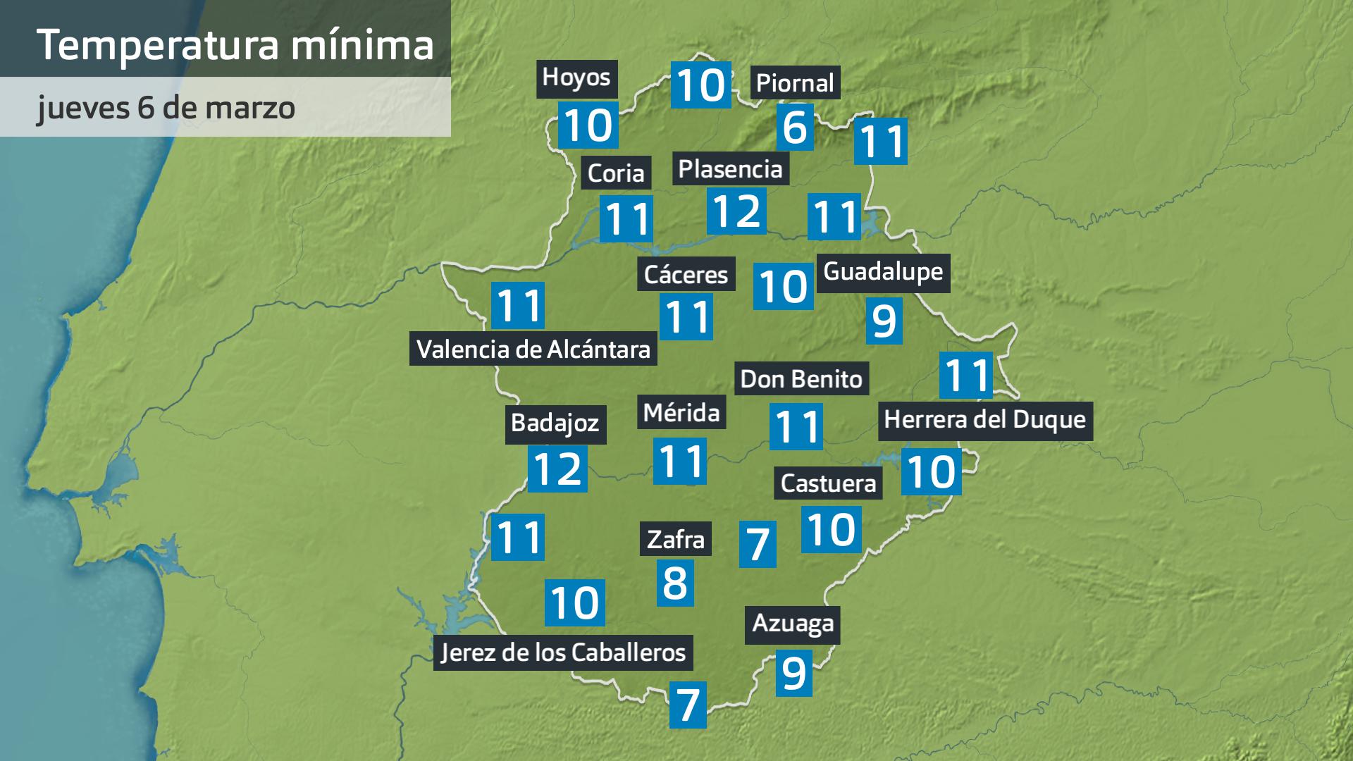 Temperatura mínima jueves 6 de marzo. Datos hasta las 6 h. Aemet, Meteoclimatic et al.