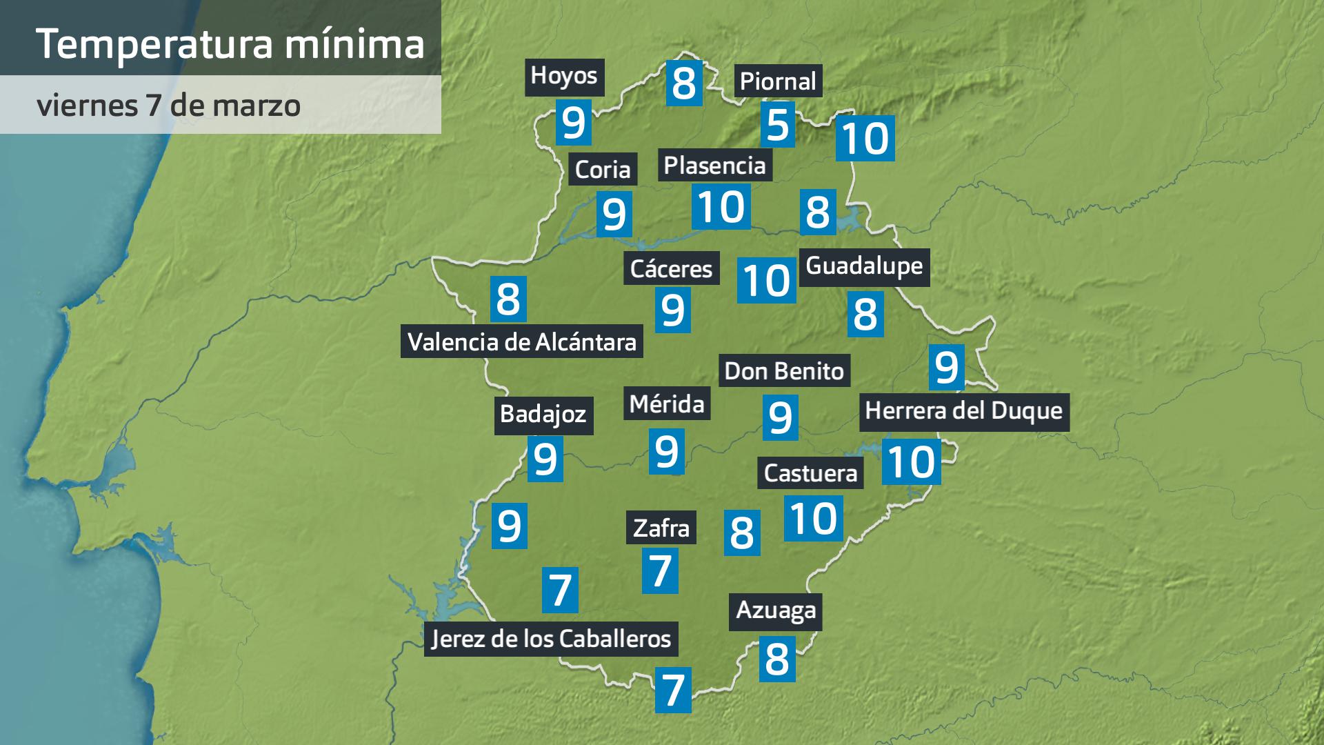 Temperatura mínima viernes 7 de marzo. Datos hasta las 6:30 h. Aemet, Meteoclimatic et al.