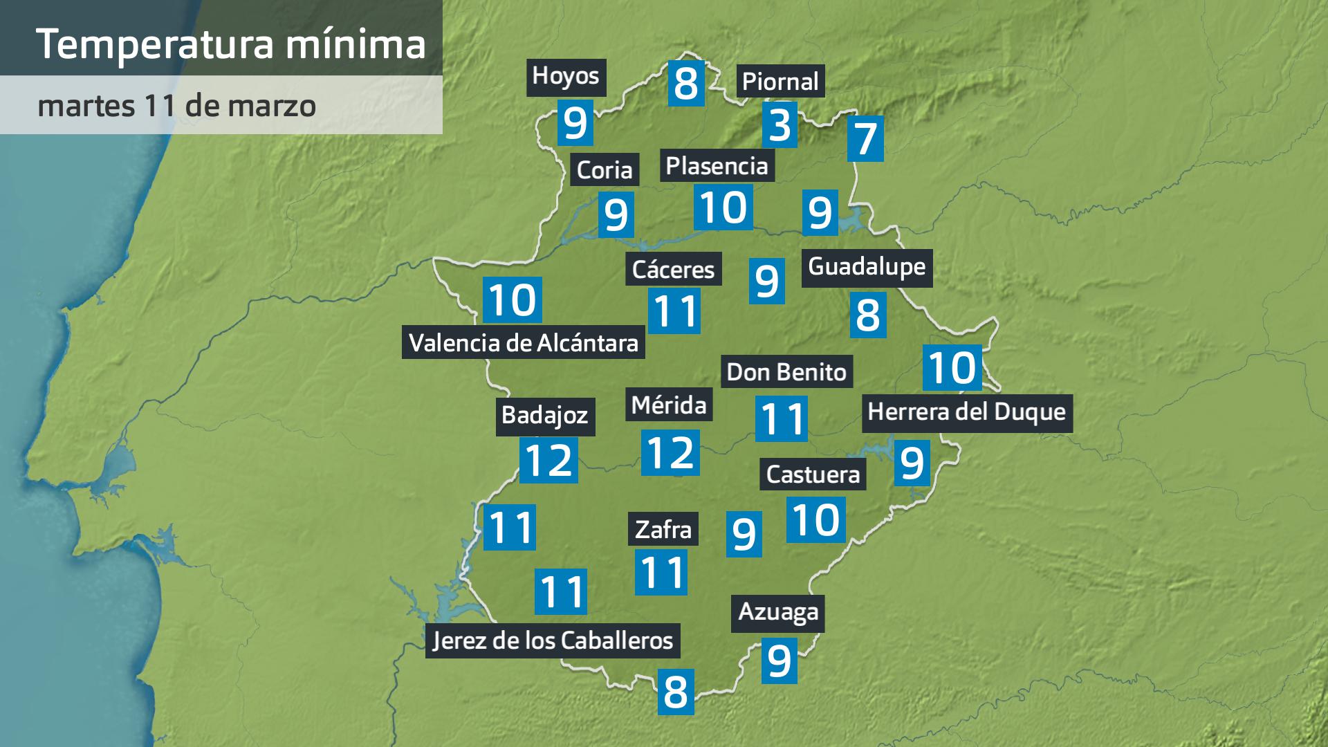 Temperatura mínima martes 11 de marzo. Datos hasta las 6:30 h. Aemet, Meteoclimatic et al.