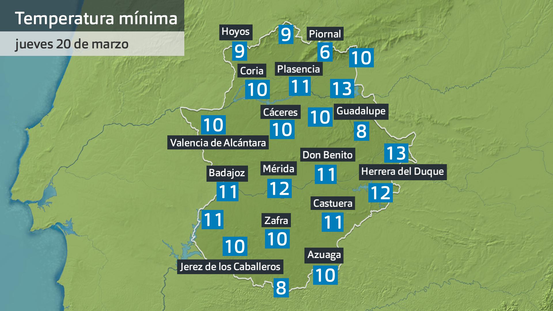 Temperatura mínima jueves 20 de marzo. Datos hasta las 6:30 h. Aemet, Meteoclimatic et al.