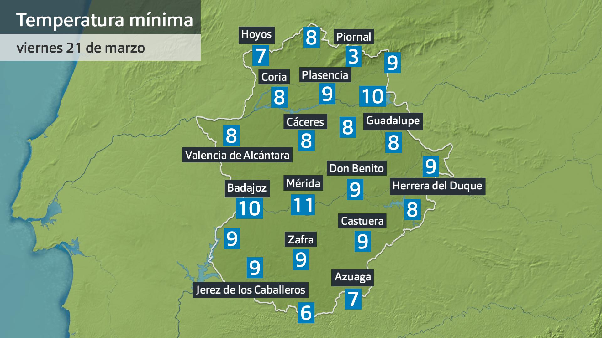 Temperatura mínima viernes 21 de marzo. Datos hasta las 6:30 h. Aemet, Meteoclimatic et al.