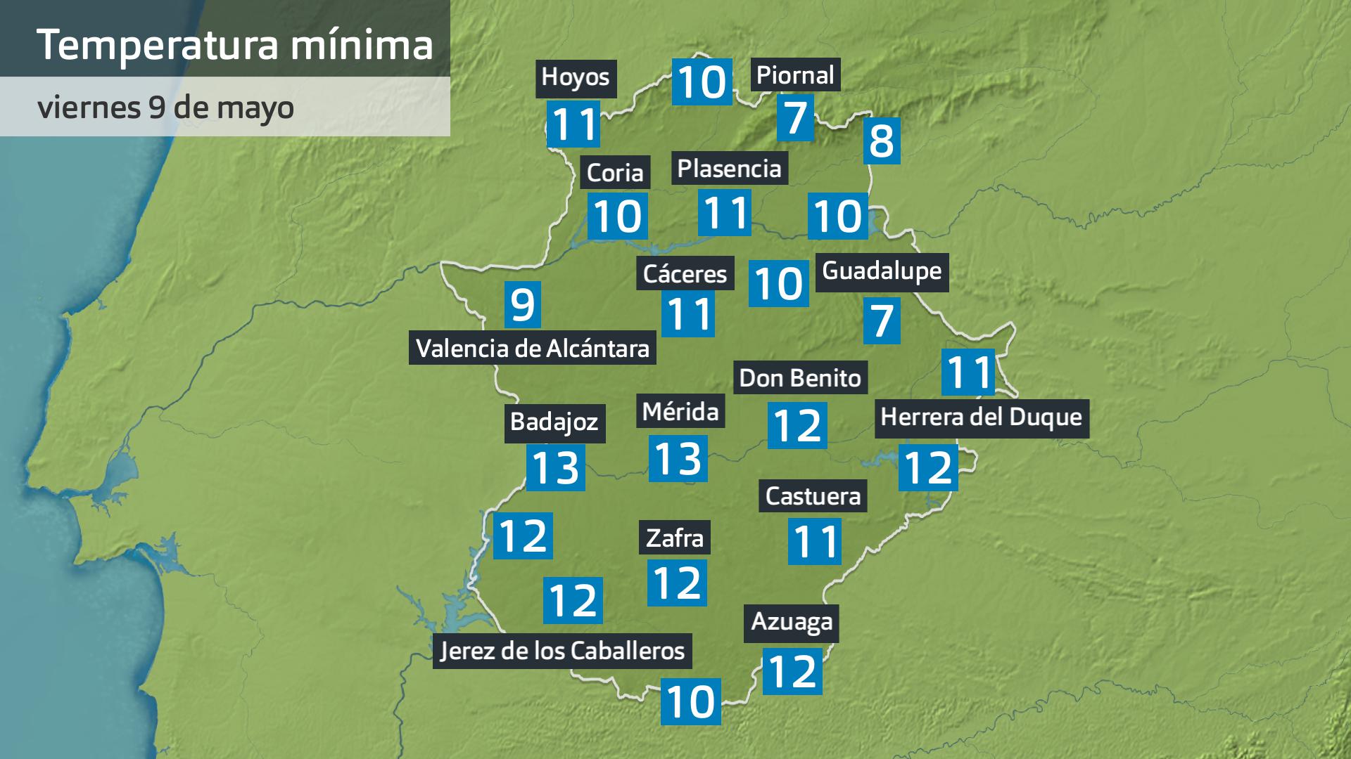Temperaturamínima viernes 9 de mayo. Datos hasta las 6:30 h. Aemet, Meteoclimatic et al.