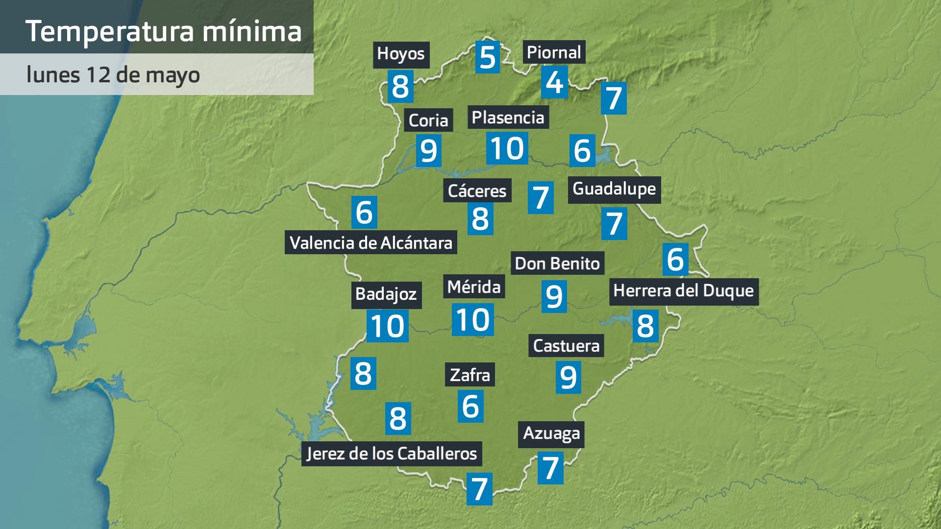 Temperatura mínima lunes 12 de mayo. Datos hasta las 6:30 h. Aemet, Meteoclimatic et al.