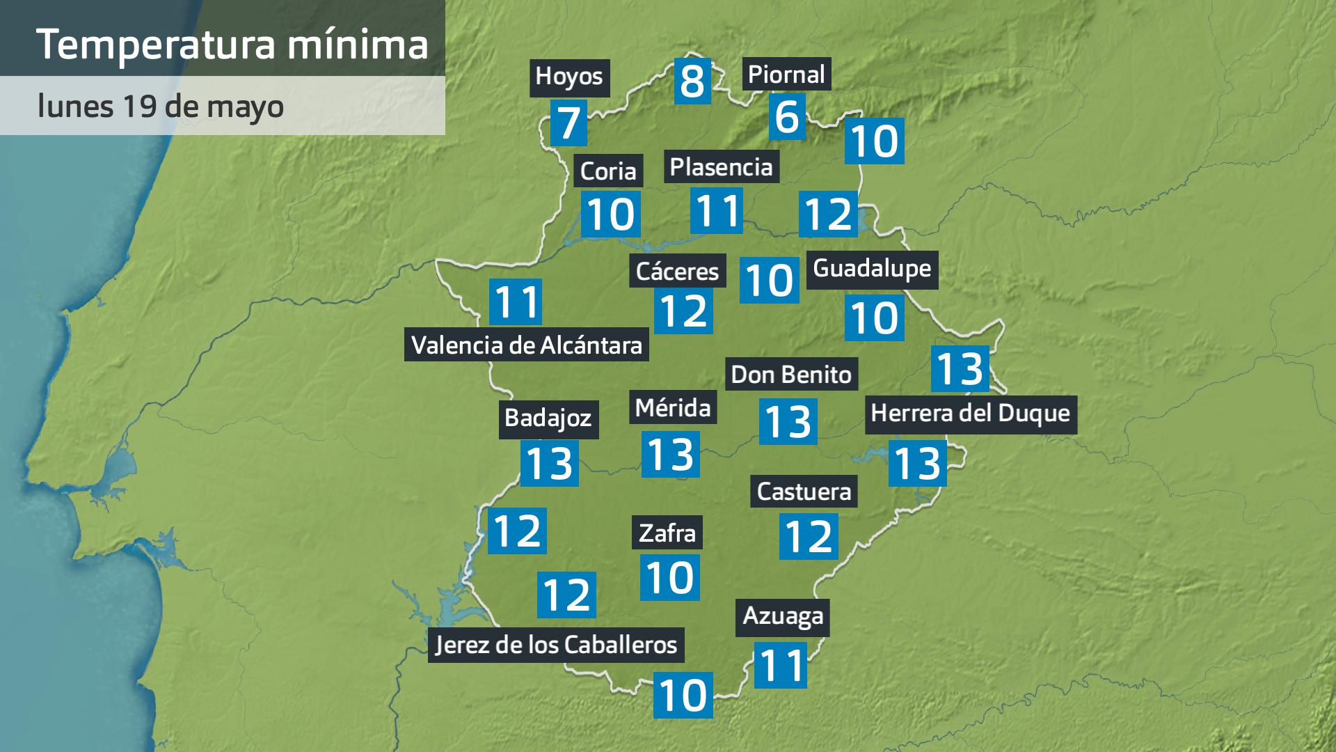 Temperatura mínima lunes 19 de mayo. Datos hasa las 6:30 h. Aemet, Meteoclimatic et al.