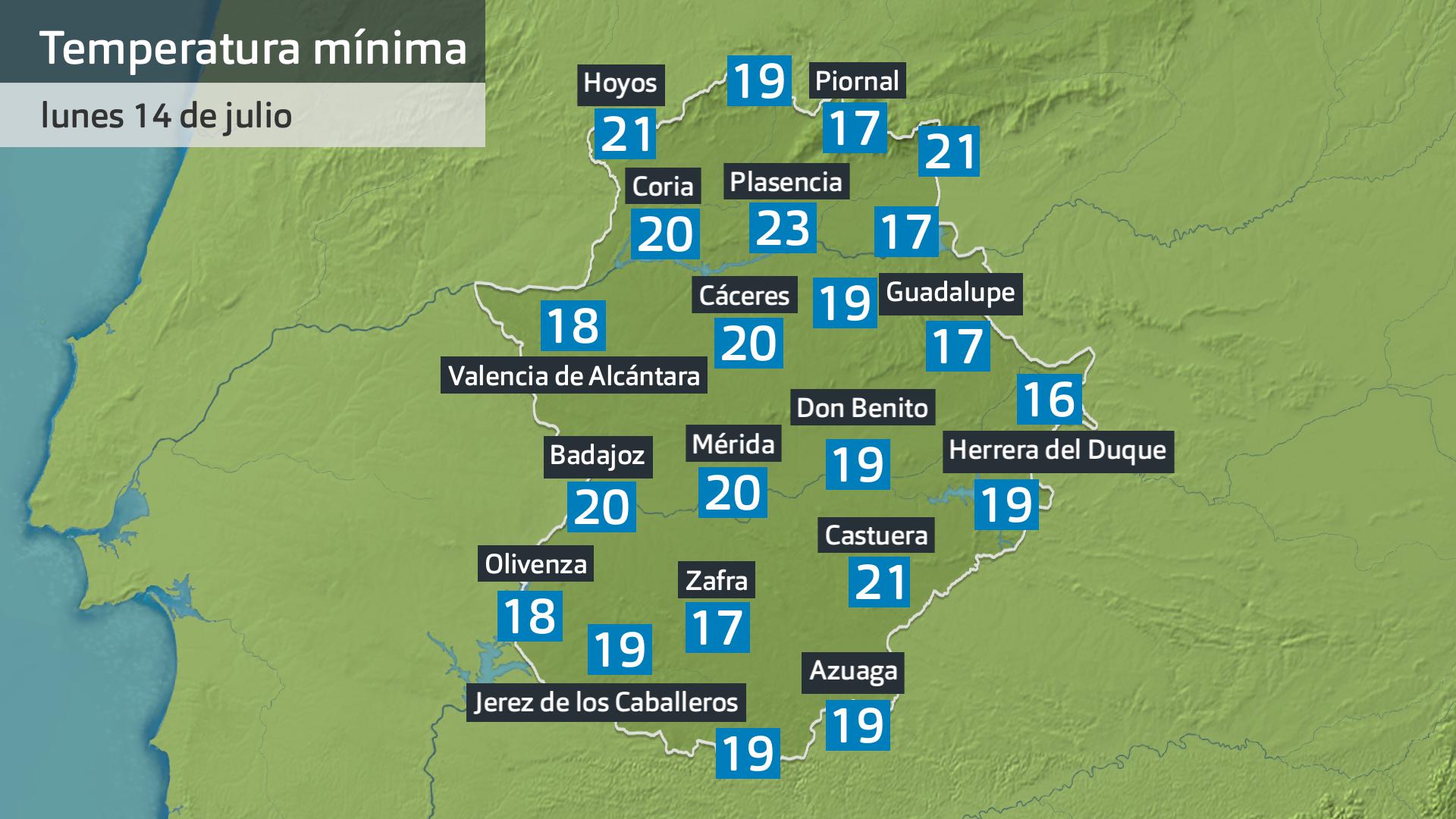Temperatura mínima lunes 14 de julio. Datos hasta las 6:30 h. Aemet, Meteoclimatic et al.