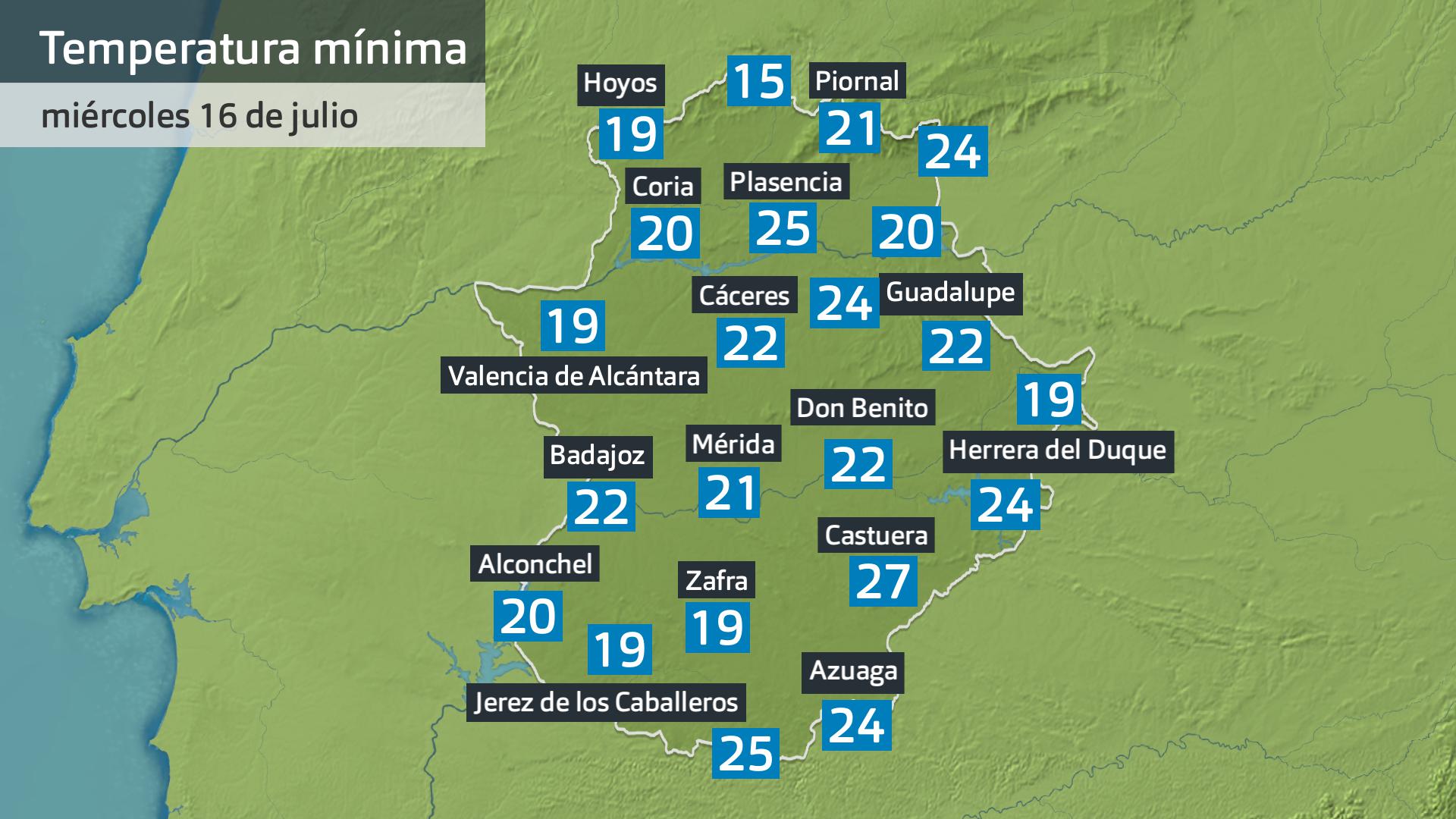 Temperatura mínima miércoles 16 de julio. Datos hasta las 6:30 h. Aemet, Meteoclimatic et al.