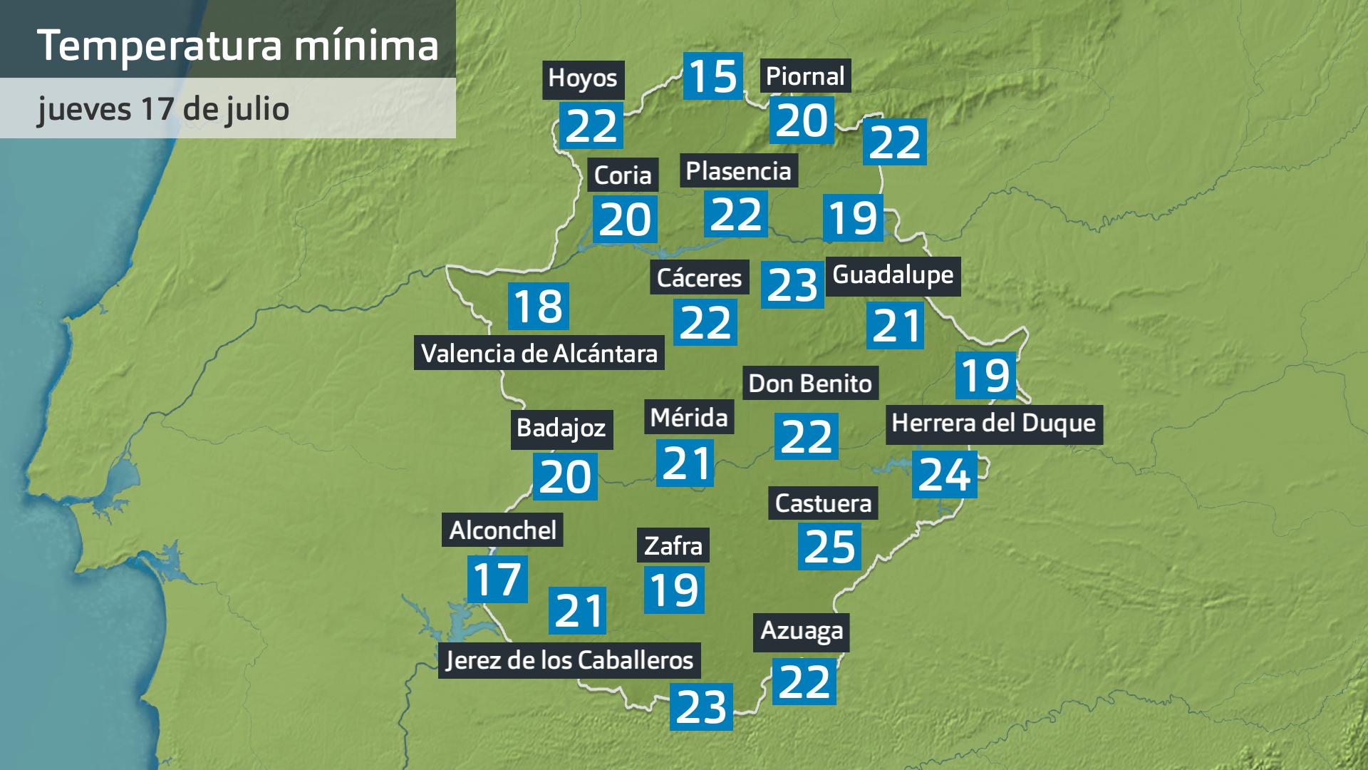 Temperatura mínima jueves 17 de julio. Datos hasta las 6:30 h. Aemet, Meteoclimatic et al.