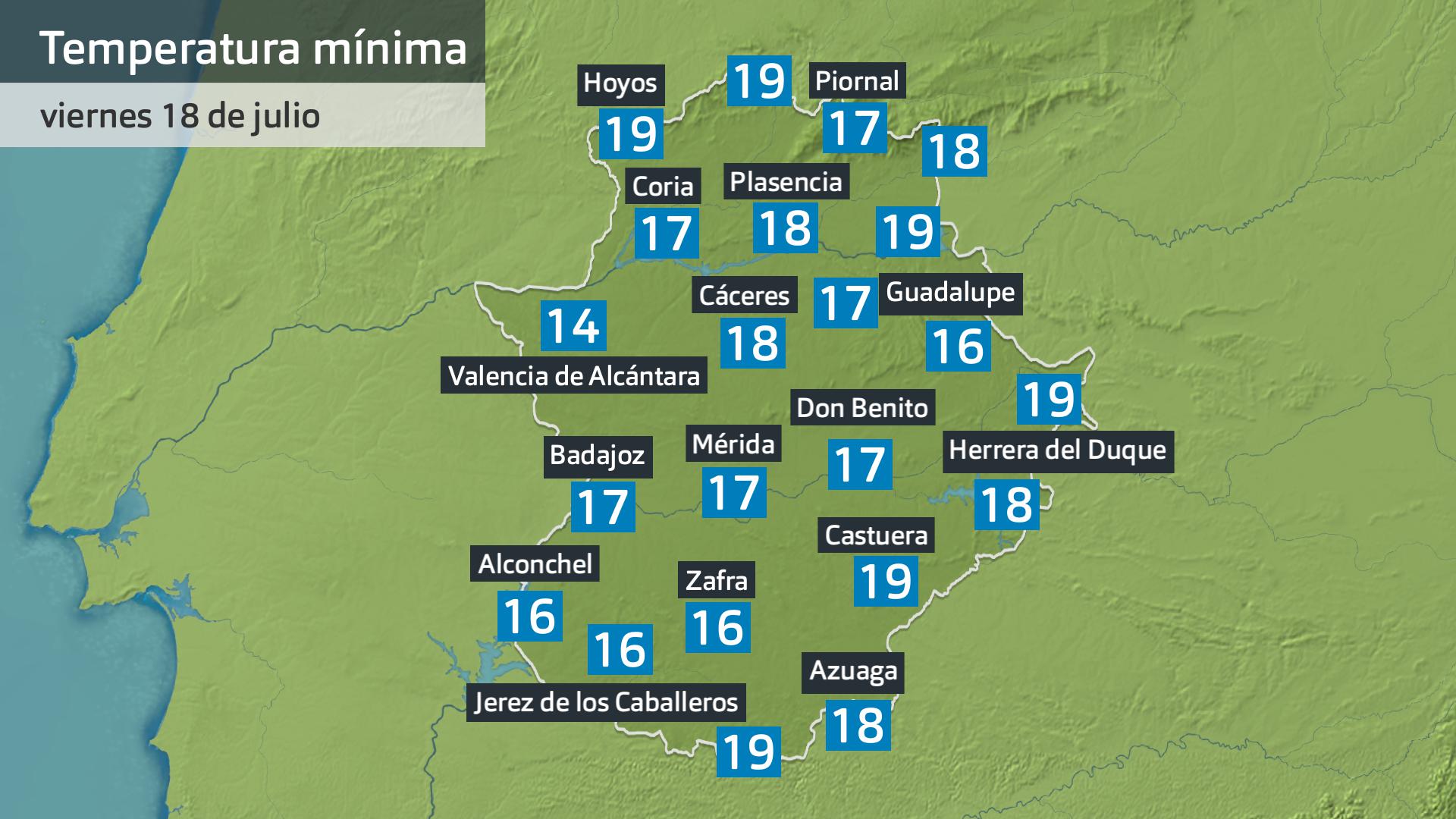 Temperatura mínima viernes 18 de julio. Datos hasta las 6:30 h. Aemet, Meteoclimatic et al.