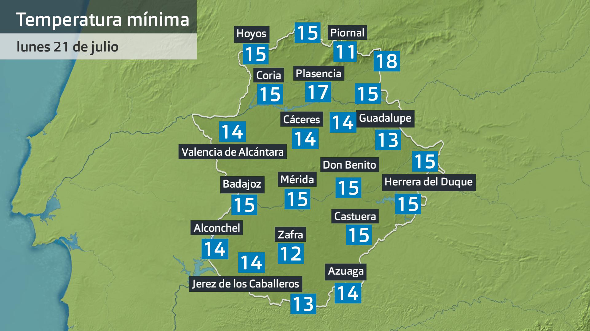 Temperatura mínima lunes 21 de julio. Datos hasta las 6:30 h. Aemet, Meteoclimatic et al.