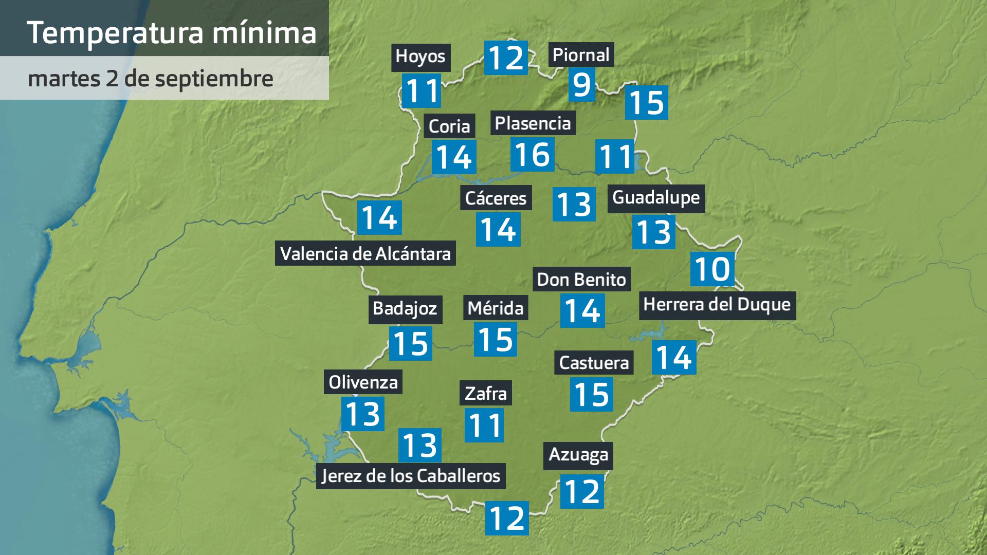 Temperatura mínima martes 2 de septiembre. Datos hasta las 6:30 h. Aemet, Meteoclimatic et al.